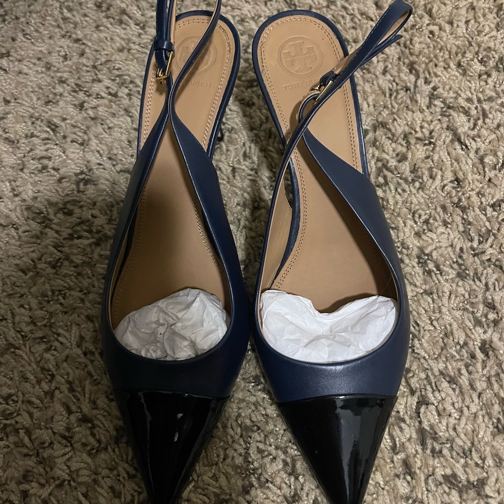 Tory Burch Blue and Black Pointed Slingback Heels